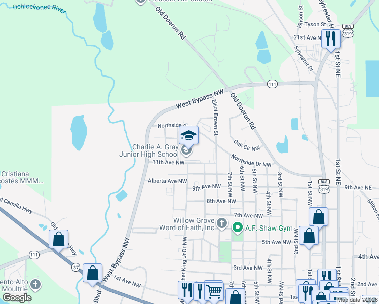 map of restaurants, bars, coffee shops, grocery stores, and more near 1101 11th Avenue Northwest in Moultrie