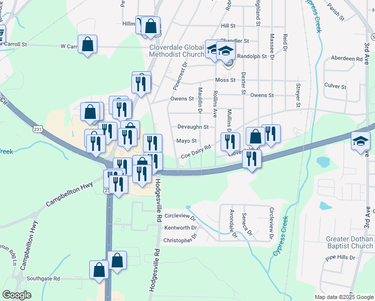 map of restaurants, bars, coffee shops, grocery stores, and more near 700-798 Casey Ct in Dothan