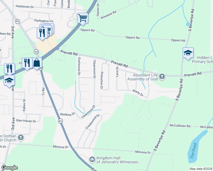 map of restaurants, bars, coffee shops, grocery stores, and more near 200 Princeton Drive in Dothan