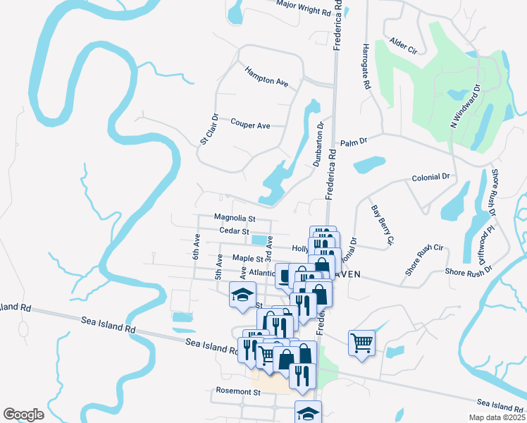 map of restaurants, bars, coffee shops, grocery stores, and more near 300 Dunbarton Drive in St. Simons Island