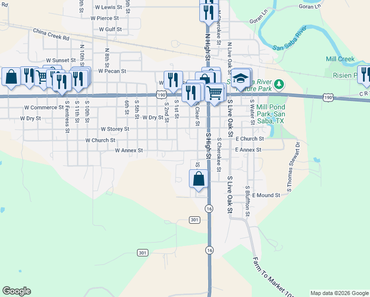 map of restaurants, bars, coffee shops, grocery stores, and more near 209 West Church Street in San Saba