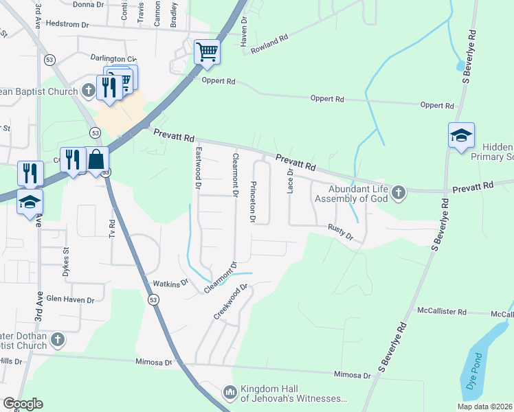 map of restaurants, bars, coffee shops, grocery stores, and more near 132 Princeton Drive in Dothan