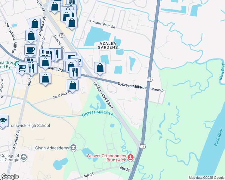 map of restaurants, bars, coffee shops, grocery stores, and more near 3200 Cypress Mill Road in Brunswick