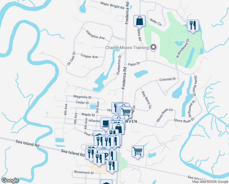 map of restaurants, bars, coffee shops, grocery stores, and more near 203 Palmetto Court in St. Simons Island
