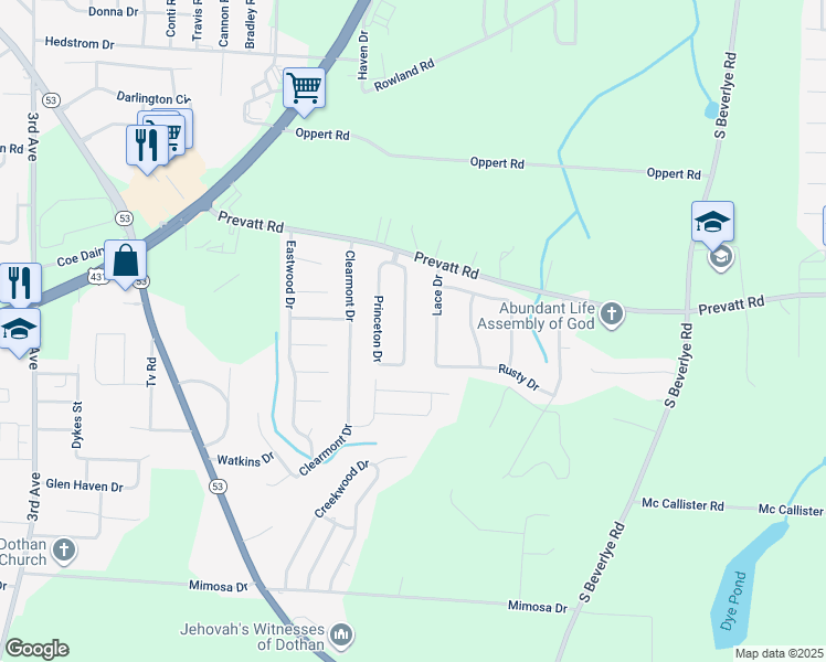 map of restaurants, bars, coffee shops, grocery stores, and more near 214 Princeton Drive in Dothan