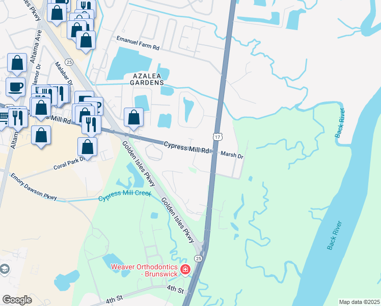 map of restaurants, bars, coffee shops, grocery stores, and more near 3144 Cypress Mill Road in Brunswick