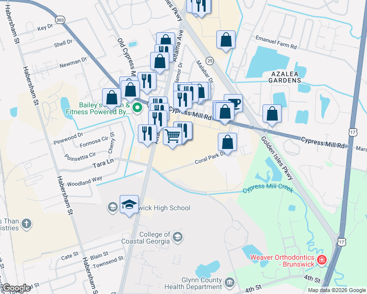 map of restaurants, bars, coffee shops, grocery stores, and more near 4420 Altama Avenue in Brunswick