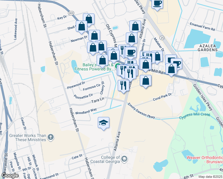 map of restaurants, bars, coffee shops, grocery stores, and more near 2519 Woodland Way in Brunswick