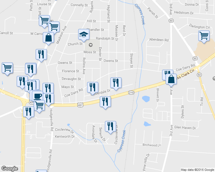 map of restaurants, bars, coffee shops, grocery stores, and more near 808 Highland Street in Dothan