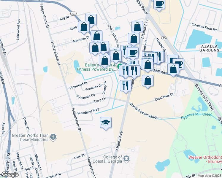 map of restaurants, bars, coffee shops, grocery stores, and more near 2519 Woodland Way in Brunswick