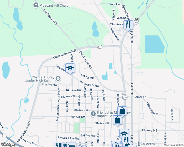 map of restaurants, bars, coffee shops, grocery stores, and more near 1207 Old Doerun Road in Moultrie