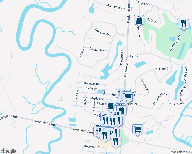 map of restaurants, bars, coffee shops, grocery stores, and more near 300 Dunbarton Drive in Saint Simons Island