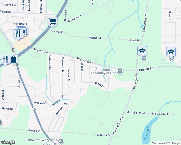 map of restaurants, bars, coffee shops, grocery stores, and more near 105 Brittany Drive in Dothan