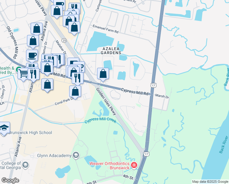 map of restaurants, bars, coffee shops, grocery stores, and more near 3200 Cypress Mill Road in Brunswick