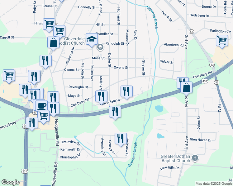 map of restaurants, bars, coffee shops, grocery stores, and more near 808 Highland Street in Dothan