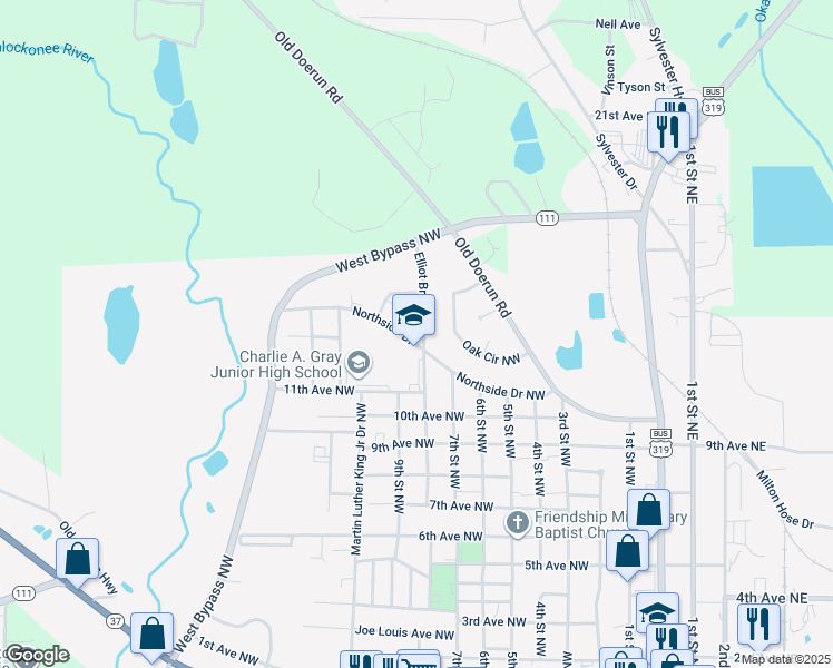 map of restaurants, bars, coffee shops, grocery stores, and more near 800 Northside Drive in Moultrie