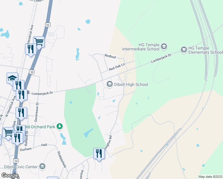 map of restaurants, bars, coffee shops, grocery stores, and more near 1000 Lumberjack Drive in Diboll