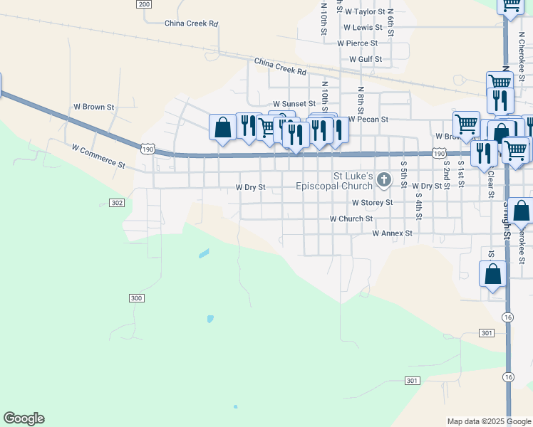 map of restaurants, bars, coffee shops, grocery stores, and more near 1405 West Storey Street in San Saba