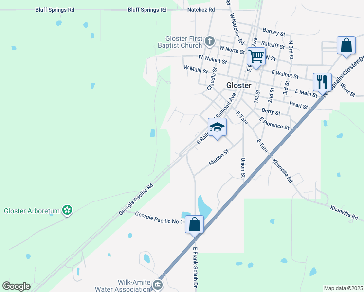 map of restaurants, bars, coffee shops, grocery stores, and more near West Railroad Avenue in Gloster
