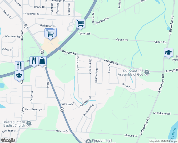map of restaurants, bars, coffee shops, grocery stores, and more near 814 Clearmont Drive in Dothan