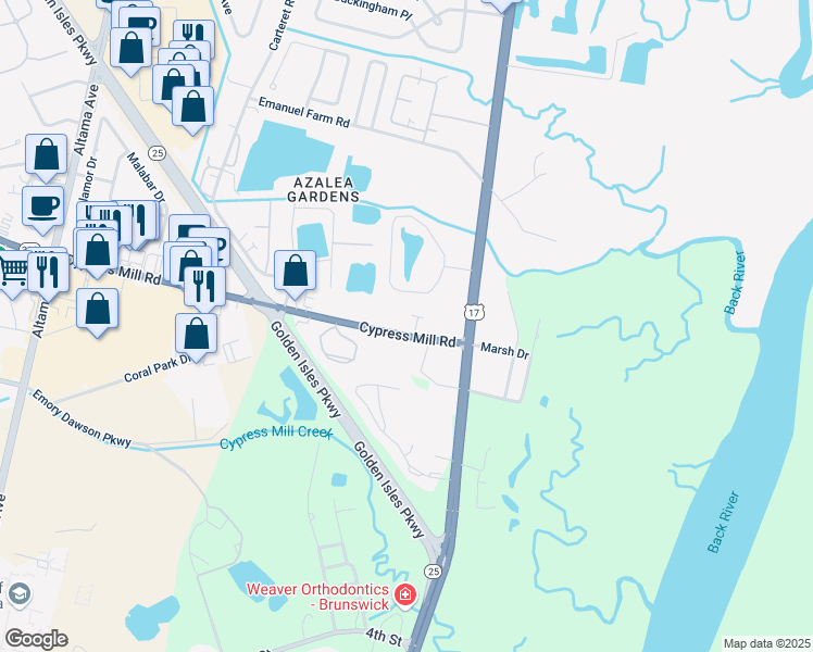 map of restaurants, bars, coffee shops, grocery stores, and more near 3144 Cypress Mill Road in Brunswick