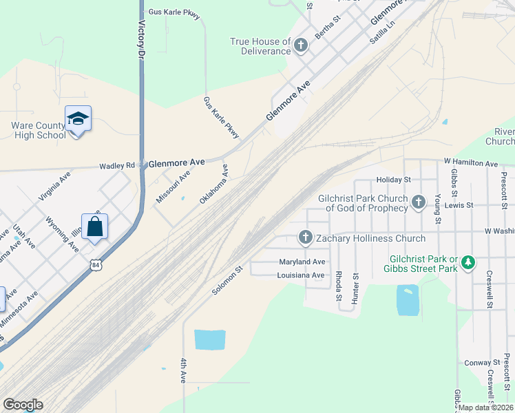 map of restaurants, bars, coffee shops, grocery stores, and more near in Waycross