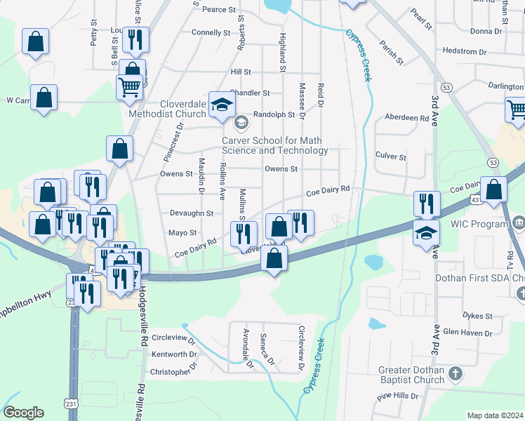 map of restaurants, bars, coffee shops, grocery stores, and more near 800 Dexter Street in Dothan