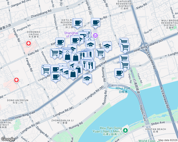map of restaurants, bars, coffee shops, grocery stores, and more near Zhongshan South 2nd Road & Zhaofeng Road in Shanghai