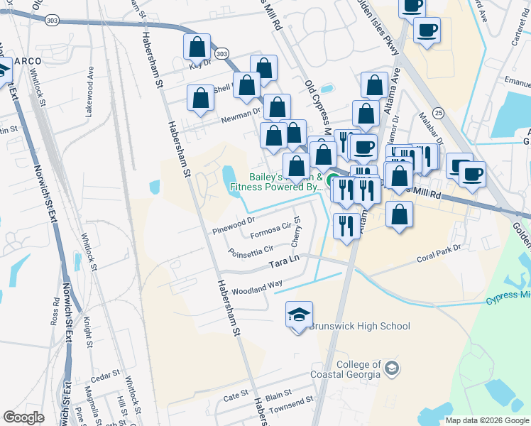 map of restaurants, bars, coffee shops, grocery stores, and more near 2255 Pinewood Drive in Brunswick
