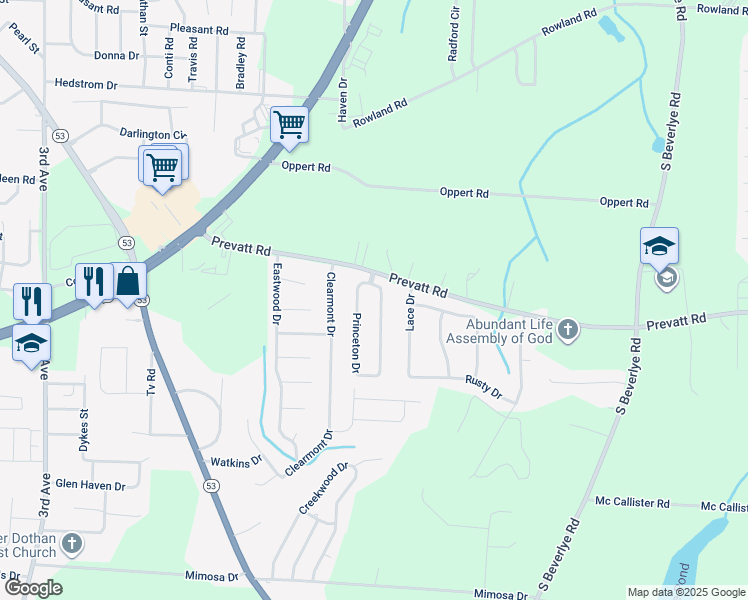 map of restaurants, bars, coffee shops, grocery stores, and more near 235 Princeton Drive in Dothan