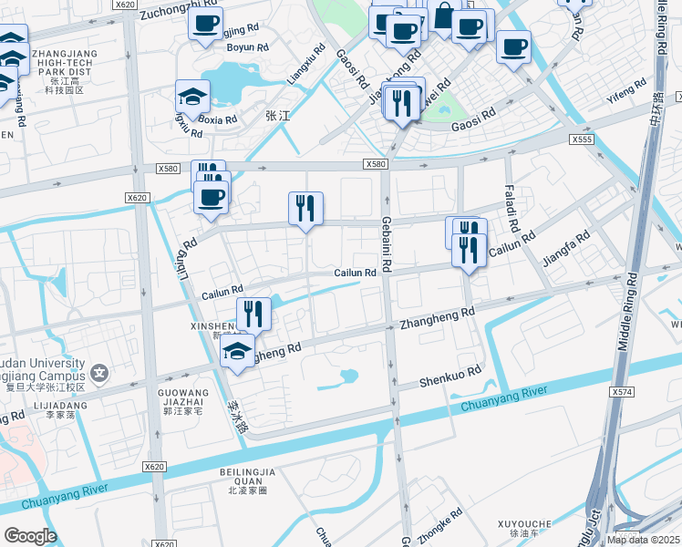 map of restaurants, bars, coffee shops, grocery stores, and more near 600 Cai Lun Lu in Shanghai