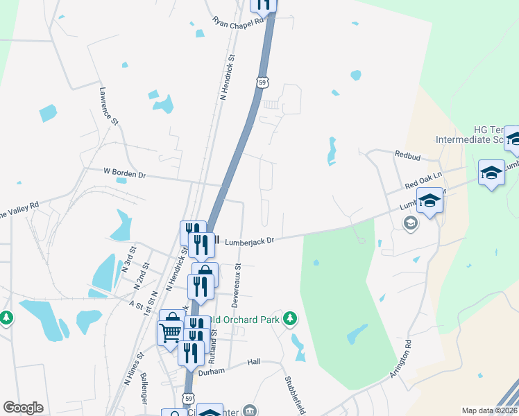 map of restaurants, bars, coffee shops, grocery stores, and more near 909 Denman Street in Diboll
