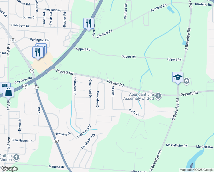 map of restaurants, bars, coffee shops, grocery stores, and more near 235 Princeton Drive in Dothan