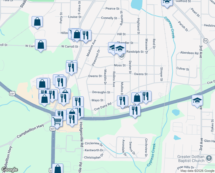 map of restaurants, bars, coffee shops, grocery stores, and more near 600 Florence Street in Dothan