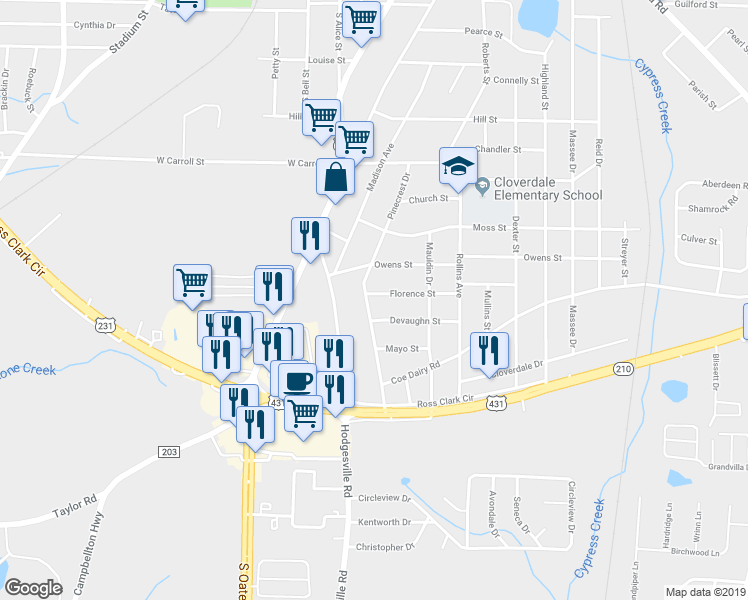 map of restaurants, bars, coffee shops, grocery stores, and more near 501 Pinecrest Drive in Dothan