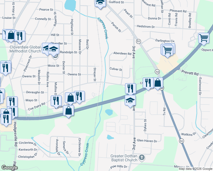 map of restaurants, bars, coffee shops, grocery stores, and more near 1352 Coe Dairy Road in Dothan