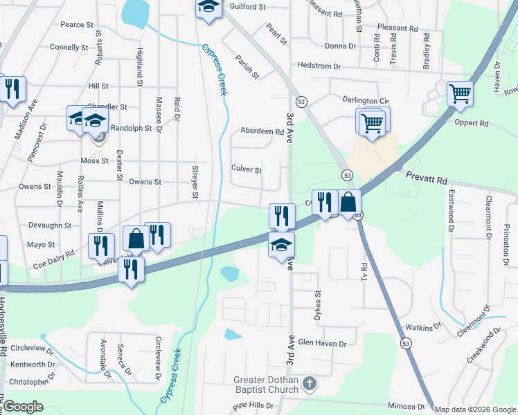 map of restaurants, bars, coffee shops, grocery stores, and more near 1500 Coe Dairy Road in Dothan
