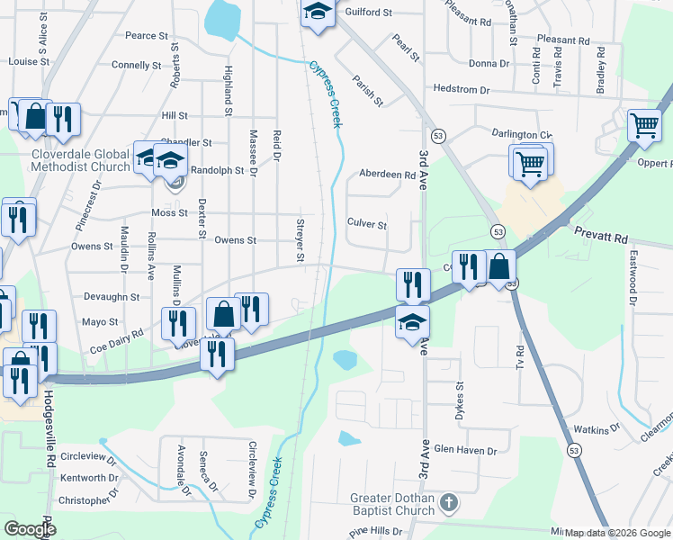 map of restaurants, bars, coffee shops, grocery stores, and more near 1352 Coe Dairy Road in Dothan