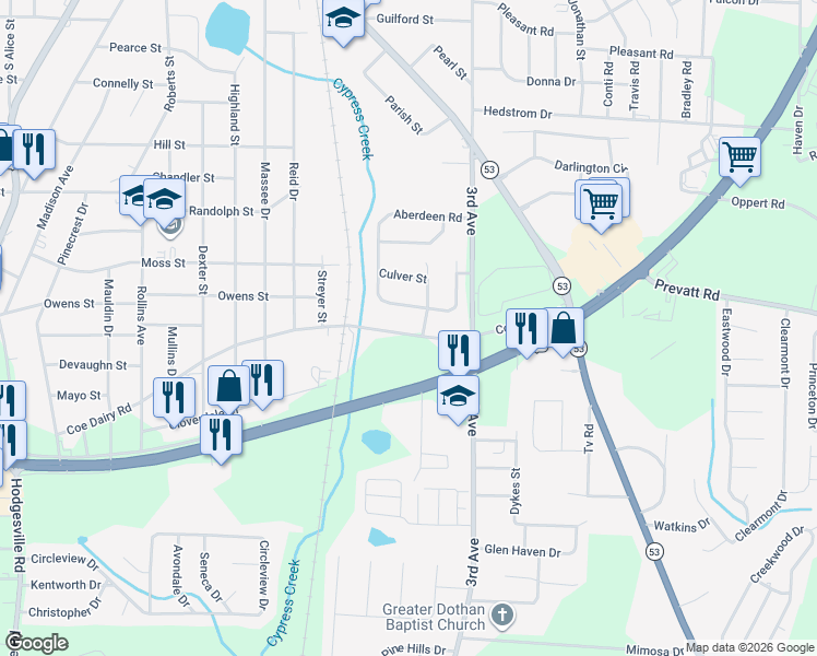 map of restaurants, bars, coffee shops, grocery stores, and more near 1500 Coe Dairy Road in Dothan