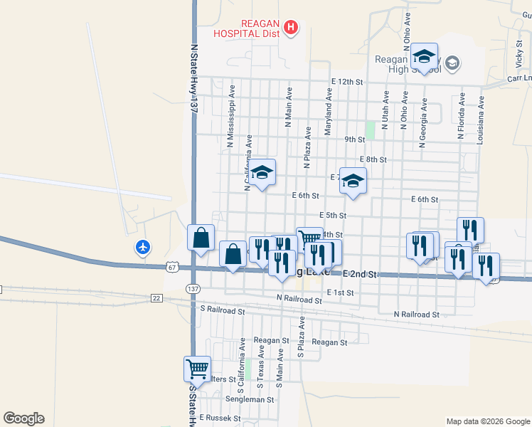 map of restaurants, bars, coffee shops, grocery stores, and more near 499 North Texas Avenue in Big Lake