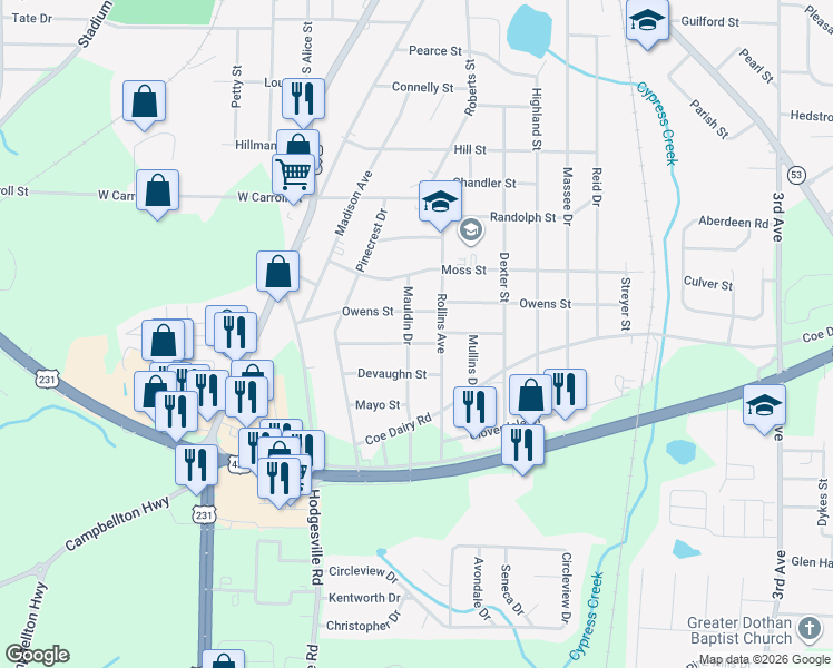 map of restaurants, bars, coffee shops, grocery stores, and more near 600 Florence Street in Dothan