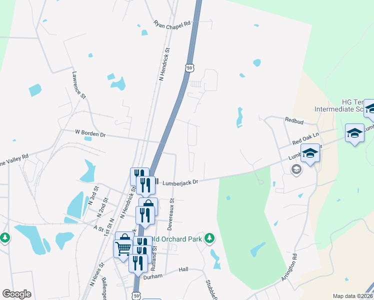 map of restaurants, bars, coffee shops, grocery stores, and more near 909 Denman Street in Diboll