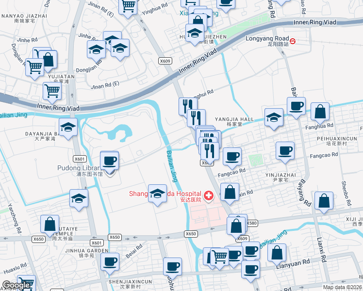 map of restaurants, bars, coffee shops, grocery stores, and more near 246 Sun Qiao Lu in Shanghai