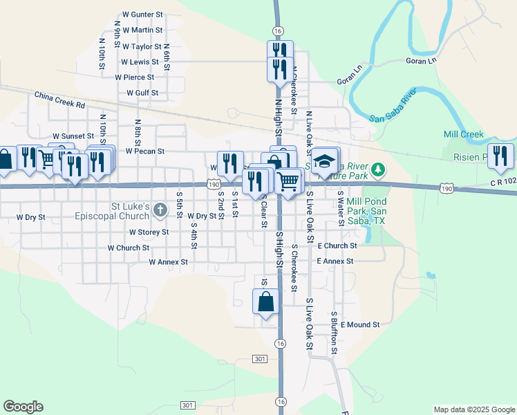 map of restaurants, bars, coffee shops, grocery stores, and more near 398 South Clear Street in San Saba