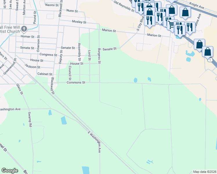 map of restaurants, bars, coffee shops, grocery stores, and more near 1505 Burgess Street in Waycross