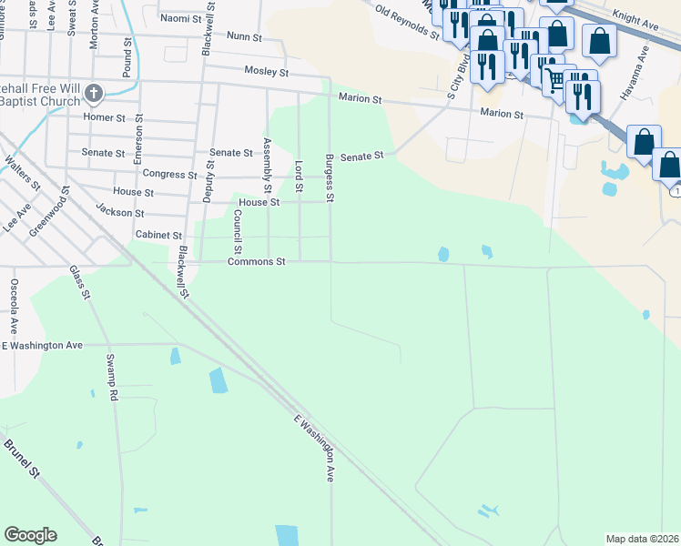 map of restaurants, bars, coffee shops, grocery stores, and more near 1505 Burgess Street in Waycross