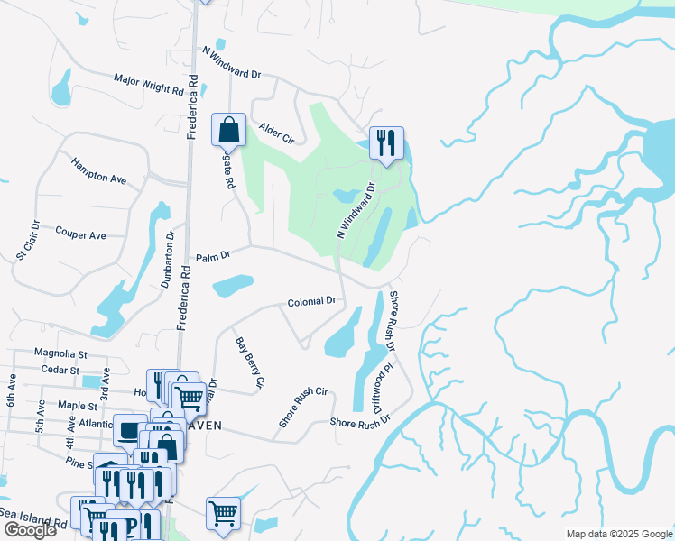 map of restaurants, bars, coffee shops, grocery stores, and more near 240 Sea Palms Colony in St. Simons Island