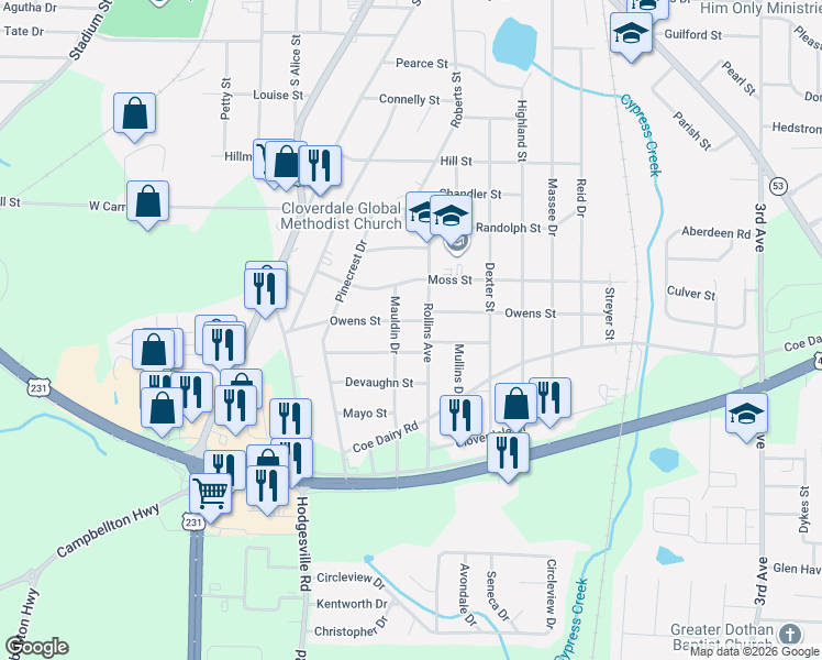 map of restaurants, bars, coffee shops, grocery stores, and more near 305 Mauldin Drive in Dothan