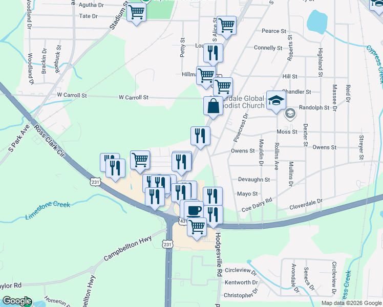 map of restaurants, bars, coffee shops, grocery stores, and more near 2220-2298 South Oates Street in Dothan