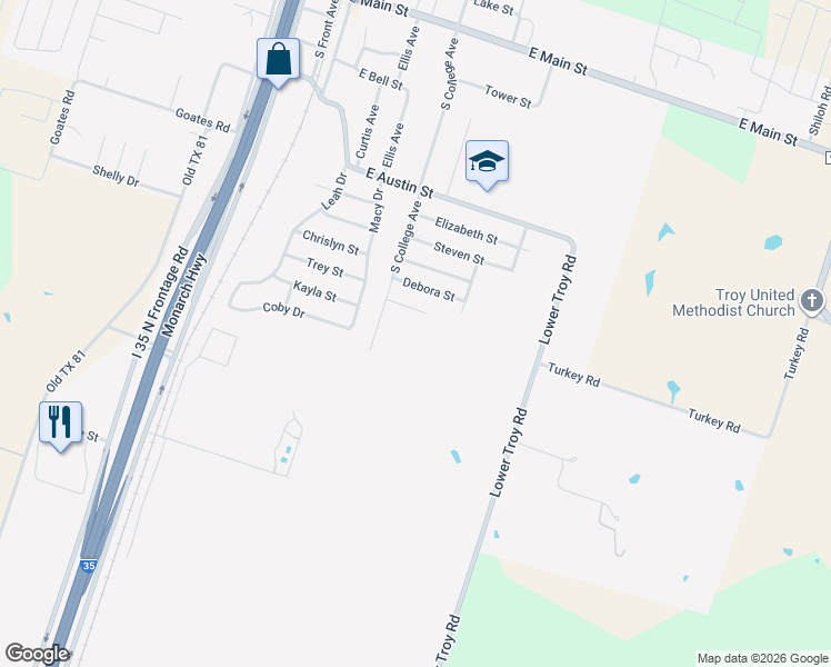 map of restaurants, bars, coffee shops, grocery stores, and more near 515 Debora Street in Troy